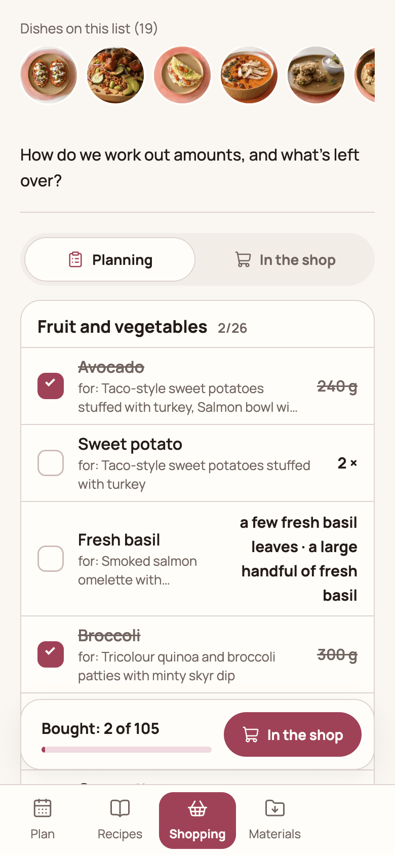 The real shopping list screen on the Joanasi platform