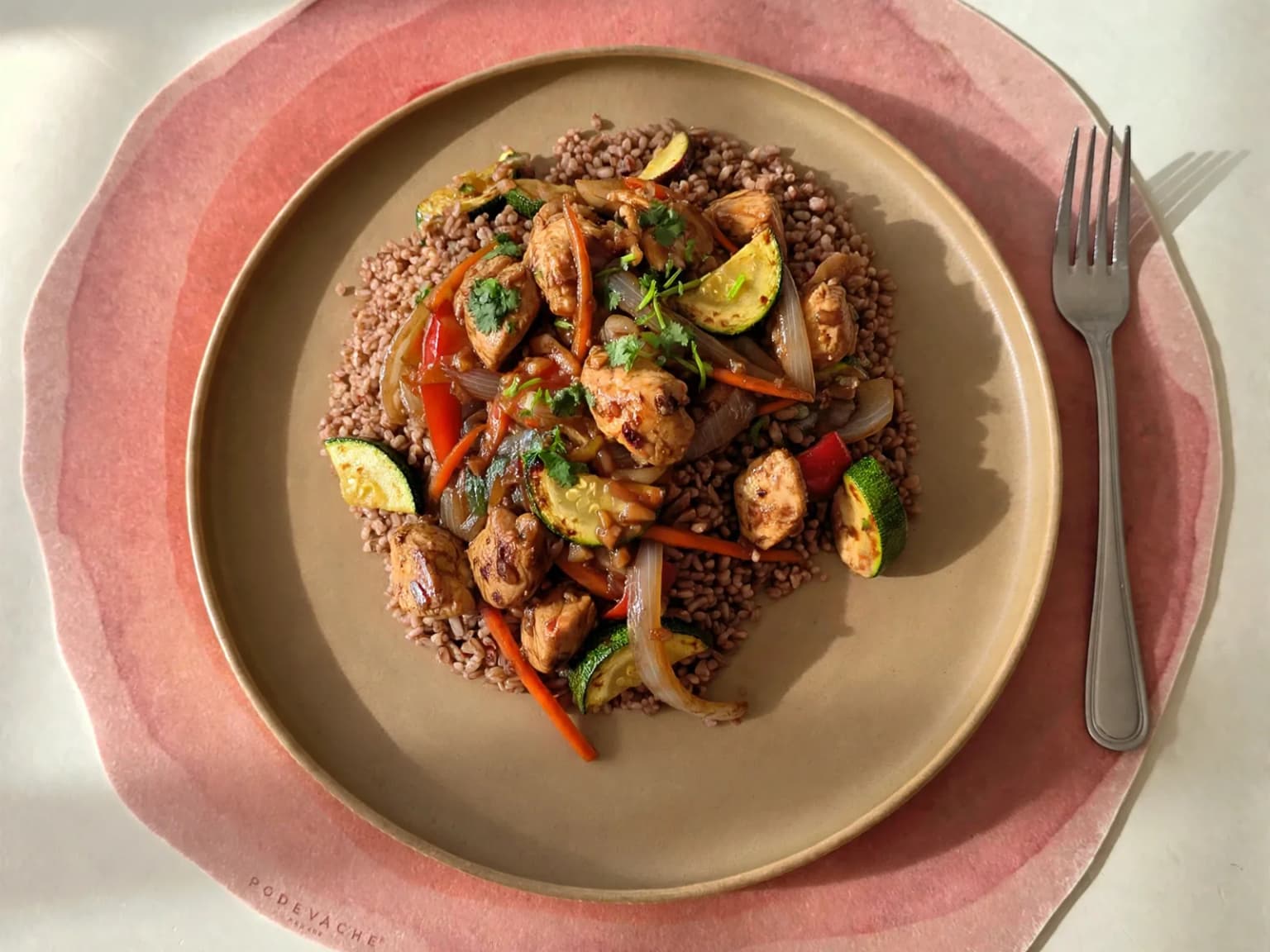 Pieces of chicken with vegetables on red rice, sprinkled with coriander