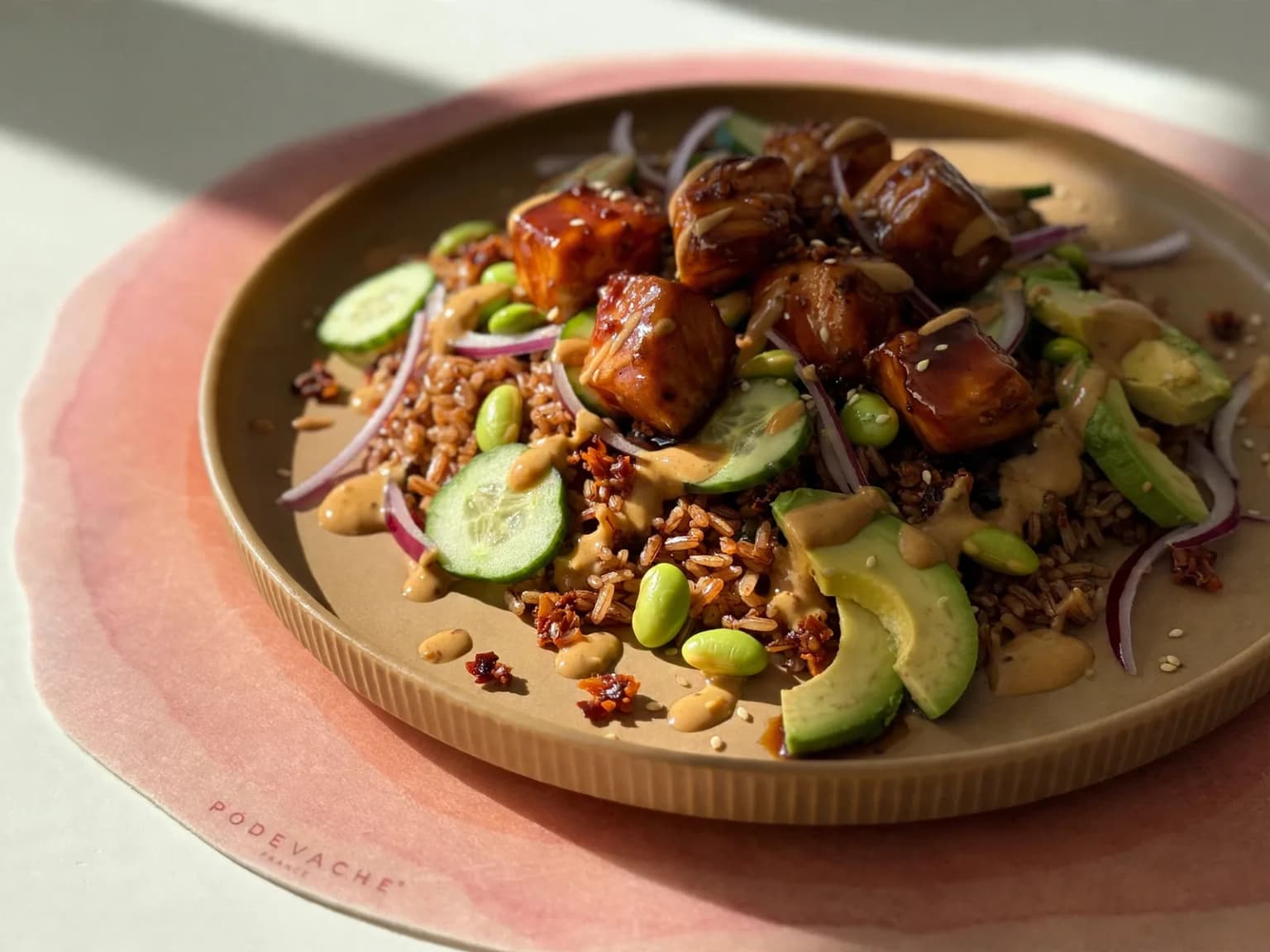 Soy-glazed salmon cubes on crispy rice, with cucumber, edamame, avocado and peanut sauce