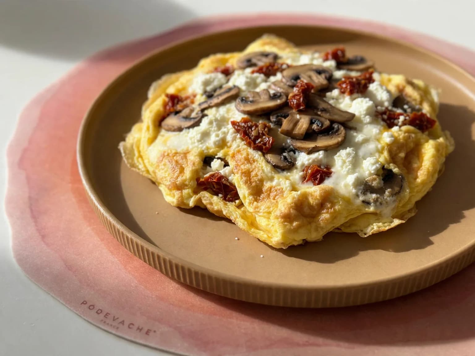 Omelette with mushrooms, sun-dried tomatoes and crumbled feta on a beige plate